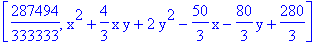 [287494/333333, x^2+4/3*x*y+2*y^2-50/3*x-80/3*y+280/3]